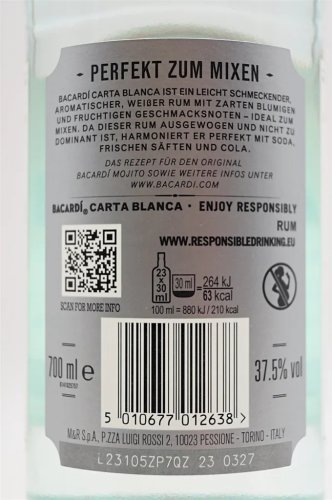 Bacardi Carta Blanca – Der Klassiker unter den weißen Rums (0,7L, 37,5% Vol.)