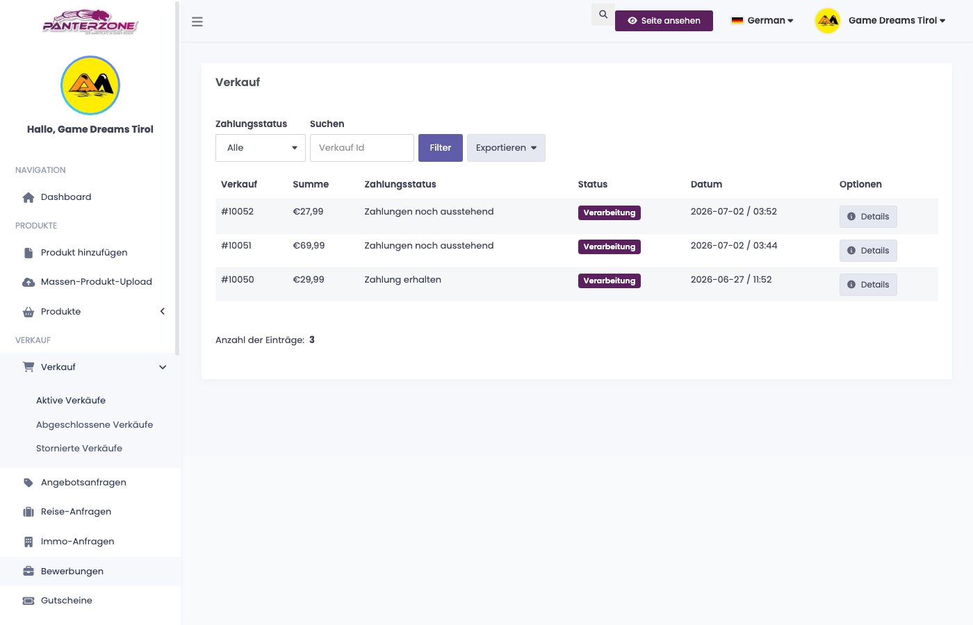 Verkäufe und Bestellstatus im Dashboard