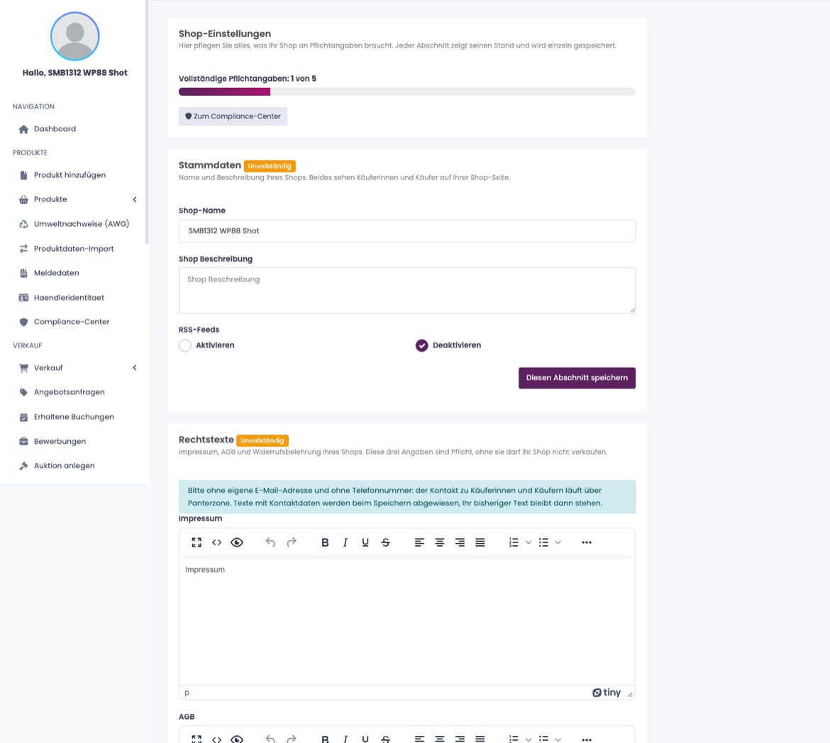 Shop-Einstellungen im Verkäufer-Dashboard
